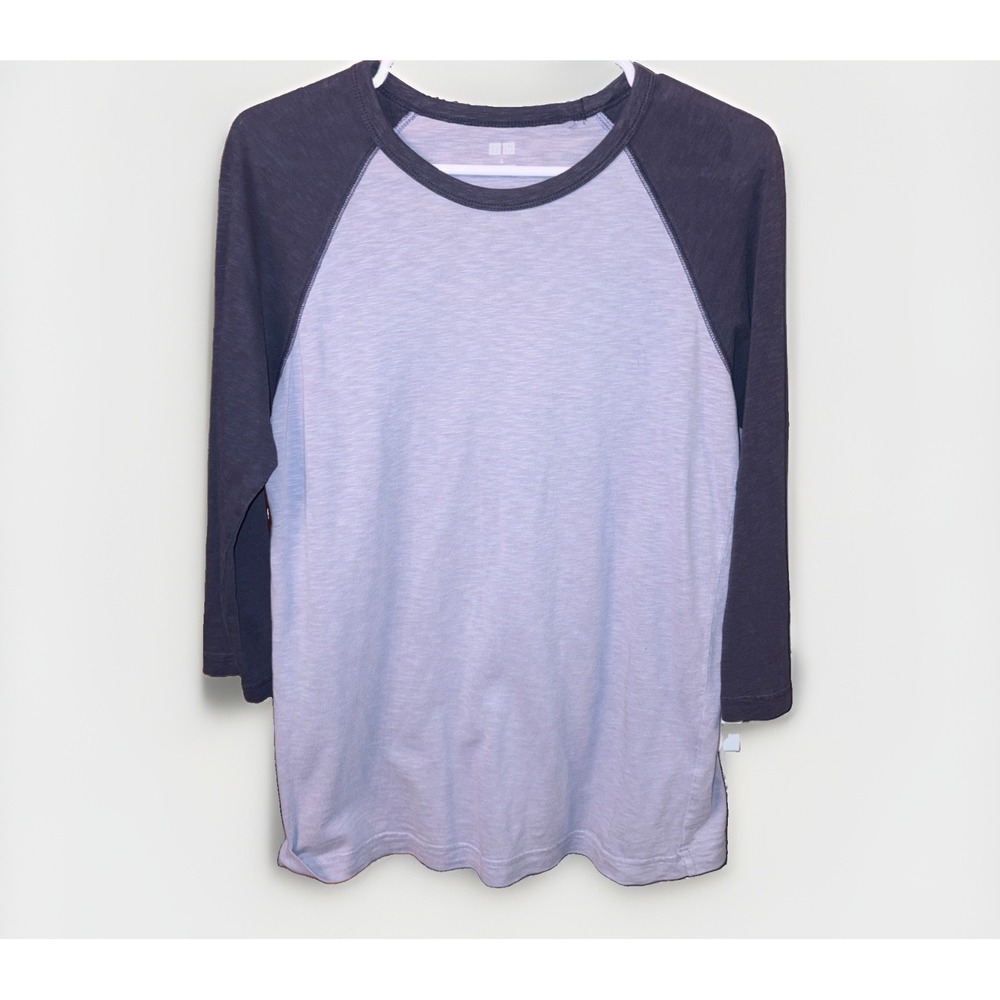 Uniqlo Women's Small 100% Cotton Raglan Baseball T Shirt 3/4 Sleeve Gray Blue